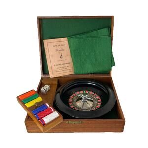 VTG MCM Wooden Casino Game Set- Roulette Wheel, Chips, Dice in Crisloid Plastics